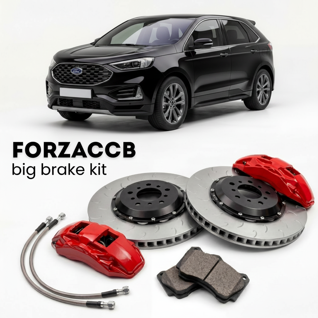 Black Ford Edge facelift 2018) (2018-2023 (II) shown above a ForzaCCB iron rotor big brake kit with 2x red 6-piston front calipers, 2x two-piece floating ventilated brake discs 380 mm, set of brake pads, and brake lines.