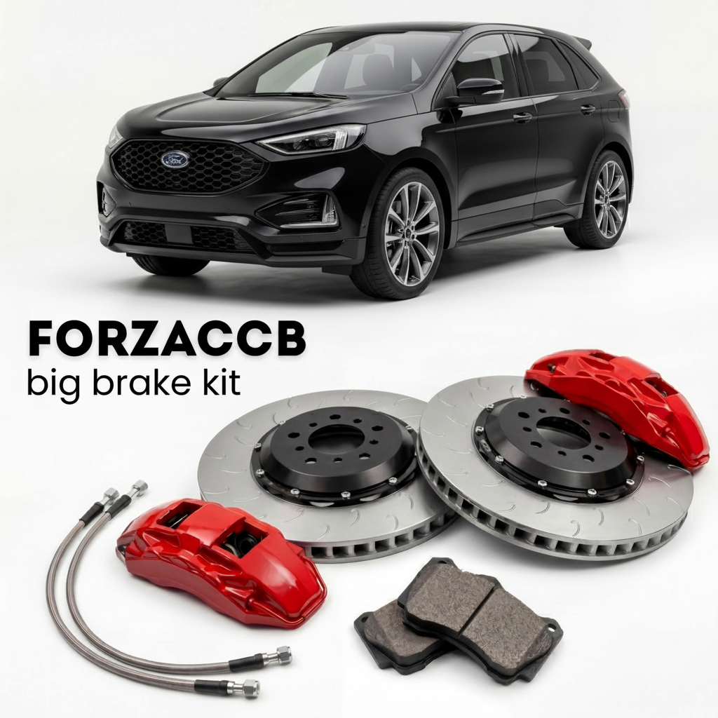 Black Ford Edge L III (2023+) shown above a ForzaCCB iron rotor big brake kit with 2x red 6-piston front calipers, 2x two-piece floating ventilated brake discs 380 mm, set of brake pads, and brake lines.