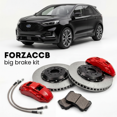 Black Ford Edge L III (2023+) shown above a ForzaCCB iron rotor big brake kit with 2x red 6-piston front calipers, 2x two-piece floating ventilated brake discs 380 mm, set of brake pads, and brake lines.
