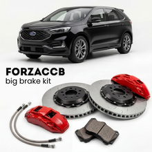 Black Ford Edge China, facelift 2021) (2021-2023 (Plus II) shown above a ForzaCCB iron rotor big brake kit with 2x red 6-piston front calipers, 2x two-piece floating ventilated brake discs 380 mm, set of brake pads, and brake lines.