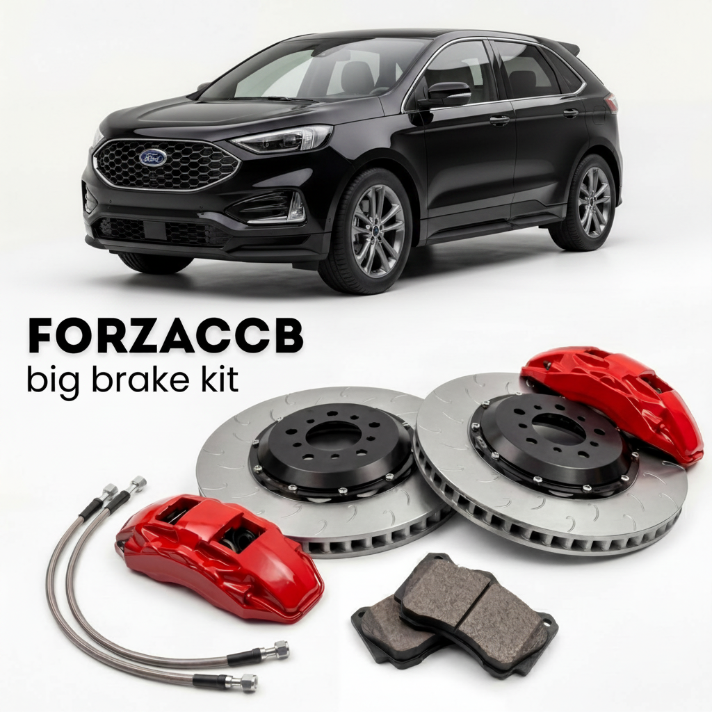 Black Ford Edge China, facelift 2021) (2021-2023 (Plus II) shown above a ForzaCCB iron rotor big brake kit with 2x red 6-piston front calipers, 2x two-piece floating ventilated brake discs 380 mm, set of brake pads, and brake lines.