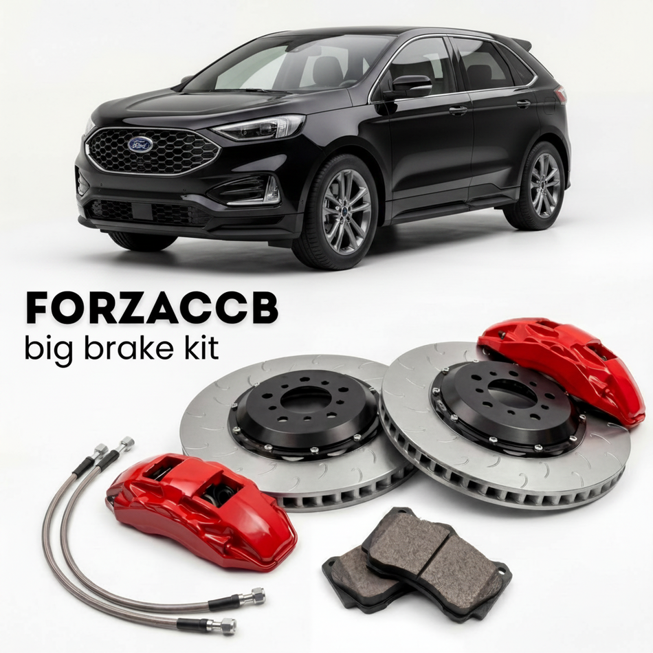Black Ford Edge China, facelift 2021) (2021-2023 (Plus II) shown above a ForzaCCB iron rotor big brake kit with 2x red 6-piston front calipers, 2x two-piece floating ventilated brake discs 380 mm, set of brake pads, and brake lines.
