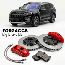 Black Ford Equator (2021-2024) shown above a ForzaCCB iron rotor big brake kit with 2x red 6-piston front calipers, 2x two-piece floating ventilated brake discs 380 mm, set of brake pads, and brake lines.