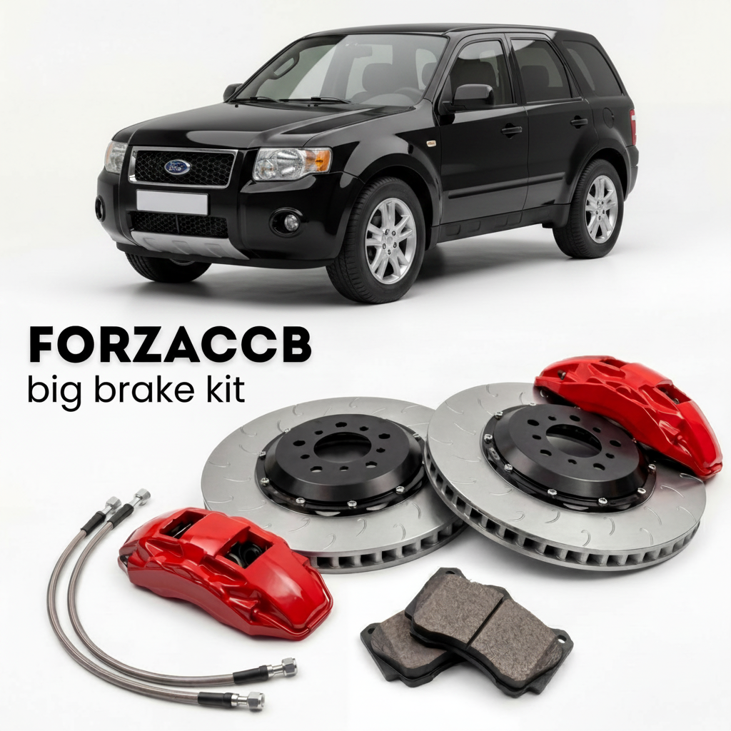 Black Ford Escape I (2005-2007) shown above a ForzaCCB iron rotor big brake kit with 2x red 6-piston front calipers, 2x two-piece floating ventilated brake discs 380 mm, set of brake pads, and brake lines.