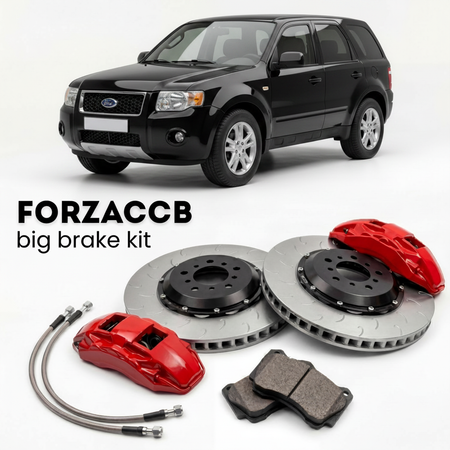 Black Ford Escape I (2005-2007) shown above a ForzaCCB iron rotor big brake kit with 2x red 6-piston front calipers, 2x two-piece floating ventilated brake discs 380 mm, set of brake pads, and brake lines.