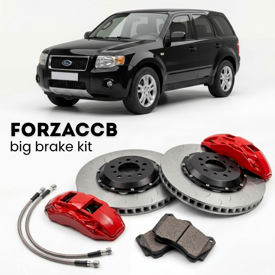 Black Ford Escape I (2005-2007) shown above a ForzaCCB iron rotor big brake kit with 2x red 6-piston front calipers, 2x two-piece floating ventilated brake discs 380 mm, set of brake pads, and brake lines.