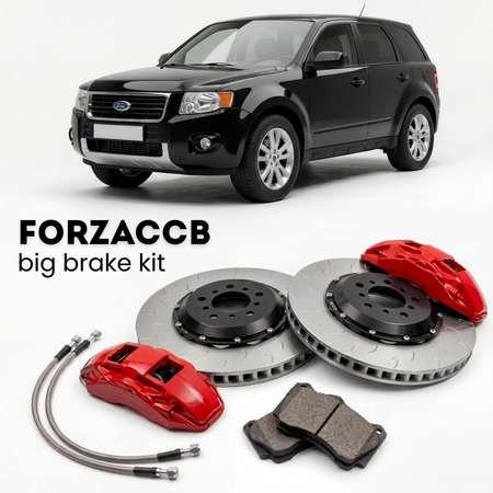 Black Ford Escape II (2008-2012) shown above a ForzaCCB iron rotor big brake kit with 2x red 6-piston front calipers, 2x two-piece floating ventilated brake discs 380 mm, set of brake pads, and brake lines.