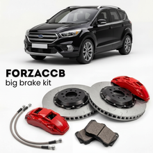 Black Ford Escape facelift 2017) (2017-2019 (III) shown above a ForzaCCB iron rotor big brake kit with 2x red 6-piston front calipers, 2x two-piece floating ventilated brake discs 380 mm, set of brake pads, and brake lines.