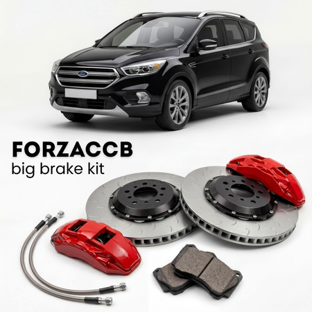 Black Ford Escape facelift 2017) (2017-2019 (III) shown above a ForzaCCB iron rotor big brake kit with 2x red 6-piston front calipers, 2x two-piece floating ventilated brake discs 380 mm, set of brake pads, and brake lines.