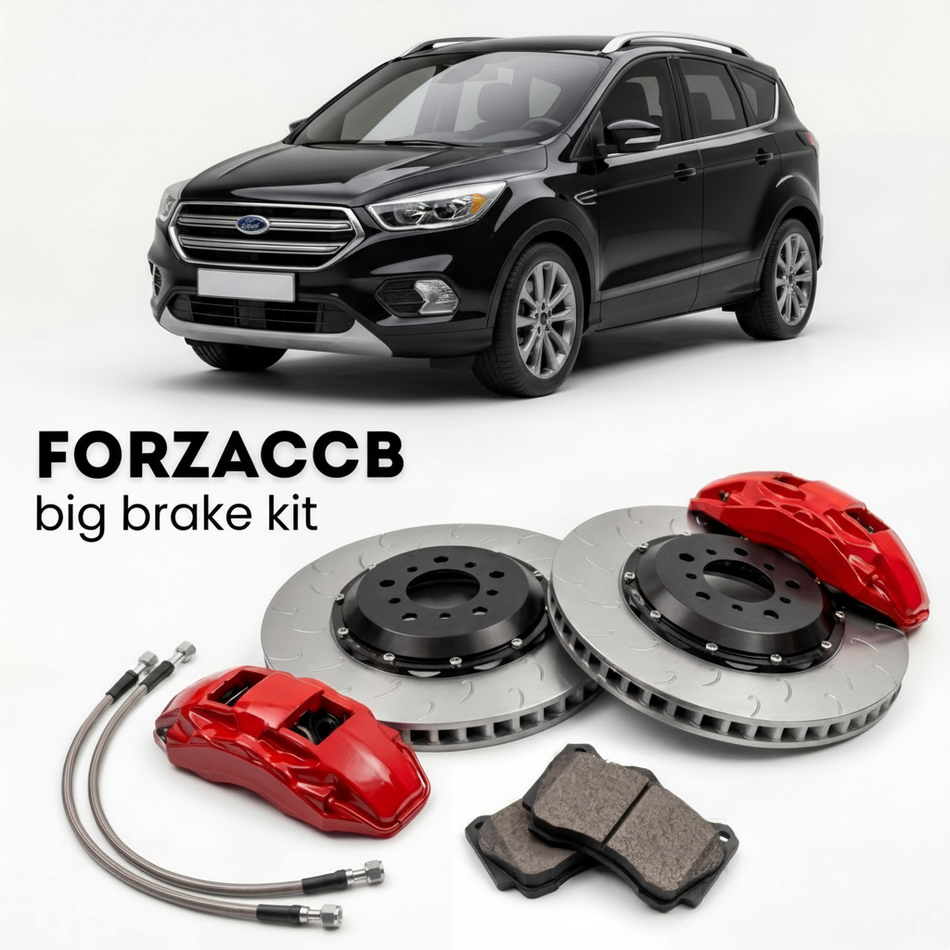 Black Ford Escape facelift 2017) (2017-2019 (III) shown above a ForzaCCB iron rotor big brake kit with 2x red 6-piston front calipers, 2x two-piece floating ventilated brake discs 380 mm, set of brake pads, and brake lines.