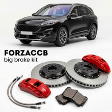 Black Ford Escape IV (2019-2022) shown above a ForzaCCB iron rotor big brake kit with 2x red 6-piston front calipers, 2x two-piece floating ventilated brake discs 380 mm, set of brake pads, and brake lines.