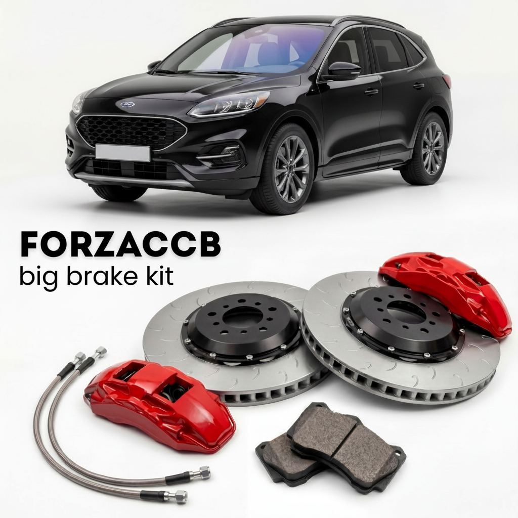 Black Ford Escape IV (2019-2022) shown above a ForzaCCB iron rotor big brake kit with 2x red 6-piston front calipers, 2x two-piece floating ventilated brake discs 380 mm, set of brake pads, and brake lines.