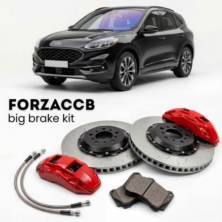 Black Ford Escape facelift 2023) (2023+ (IV) shown above a ForzaCCB iron rotor big brake kit with 2x red 6-piston front calipers, 2x two-piece floating ventilated brake discs 380 mm, set of brake pads, and brake lines.