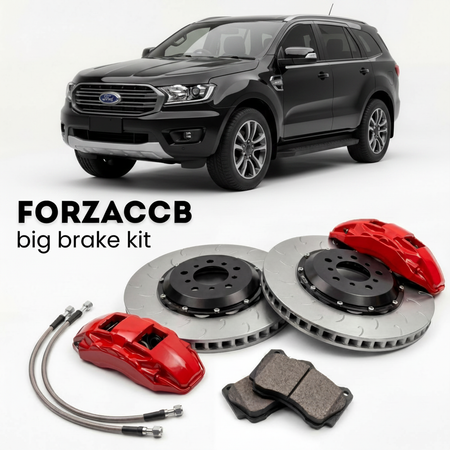 Black Ford Everest U375/UA) (2015-2018 (II) shown above a ForzaCCB iron rotor big brake kit with 2x red 6-piston front calipers, 2x two-piece floating ventilated brake discs 380 mm, set of brake pads, and brake lines.