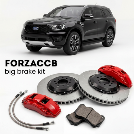 Black Ford Everest U704) (2022+ (III) shown above a ForzaCCB iron rotor big brake kit with 2x red 6-piston front calipers, 2x two-piece floating ventilated brake discs 380 mm, set of brake pads, and brake lines.
