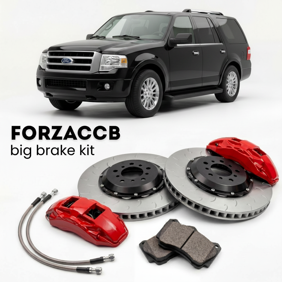 Black Ford Expedition U354) (2006-2014 (III EL) shown above a ForzaCCB iron rotor big brake kit with 2x red 6-piston front calipers, 2x two-piece floating ventilated brake discs 380 mm, set of brake pads, and brake lines.