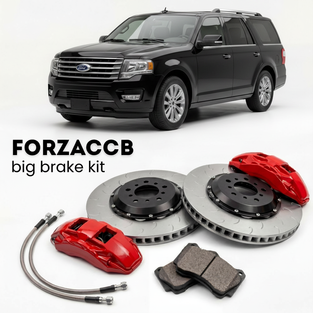 Black Ford Expedition U3542, facelift 2014) (2014-2017 (III EL) shown above a ForzaCCB iron rotor big brake kit with 2x red 6-piston front calipers, 2x two-piece floating ventilated brake discs 380 mm, set of brake pads, and brake lines.