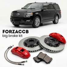 Black Ford Expedition U3542, facelift 2014) (2014-2017 (III EL) shown above a ForzaCCB iron rotor big brake kit with 2x red 6-piston front calipers, 2x two-piece floating ventilated brake discs 380 mm, set of brake pads, and brake lines.