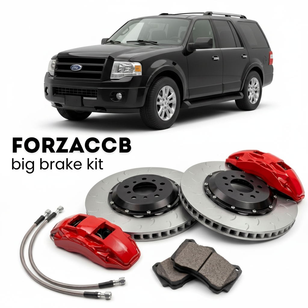 Black Ford Expedition U324) (2006-2014 (III) shown above a ForzaCCB iron rotor big brake kit with 2x red 6-piston front calipers, 2x two-piece floating ventilated brake discs 380 mm, set of brake pads, and brake lines.