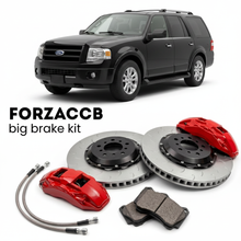 Black Ford Expedition U324) (2006-2014 (III) shown above a ForzaCCB iron rotor big brake kit with 2x red 6-piston front calipers, 2x two-piece floating ventilated brake discs 380 mm, set of brake pads, and brake lines.