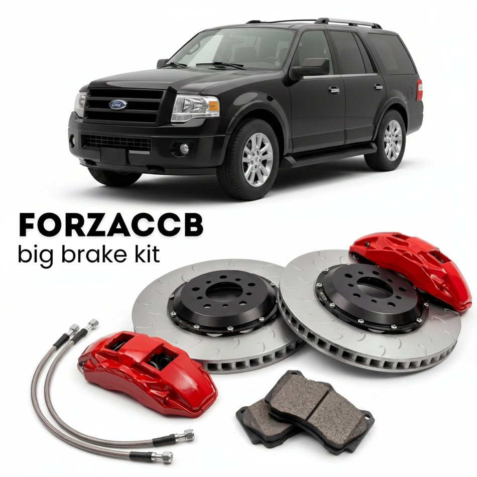Black Ford Expedition U324) (2006-2014 (III) shown above a ForzaCCB iron rotor big brake kit with 2x red 6-piston front calipers, 2x two-piece floating ventilated brake discs 380 mm, set of brake pads, and brake lines.