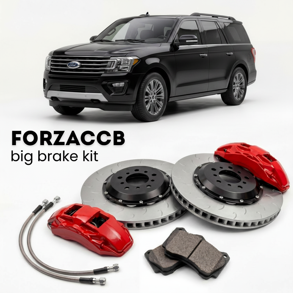 Black Ford Expedition U3242, facelift 2014) (2014-2017 (III) shown above a ForzaCCB iron rotor big brake kit with 2x red 6-piston front calipers, 2x two-piece floating ventilated brake discs 380 mm, set of brake pads, and brake lines.