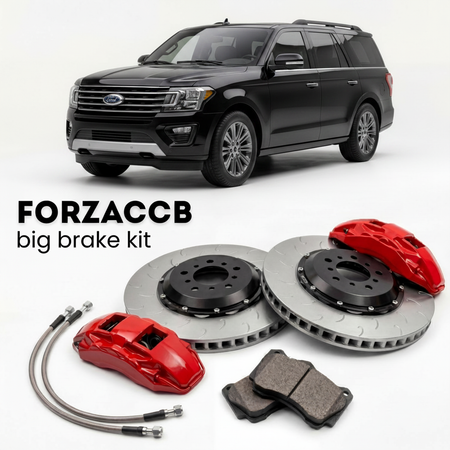 Black Ford Expedition U3242, facelift 2014) (2014-2017 (III) shown above a ForzaCCB iron rotor big brake kit with 2x red 6-piston front calipers, 2x two-piece floating ventilated brake discs 380 mm, set of brake pads, and brake lines.
