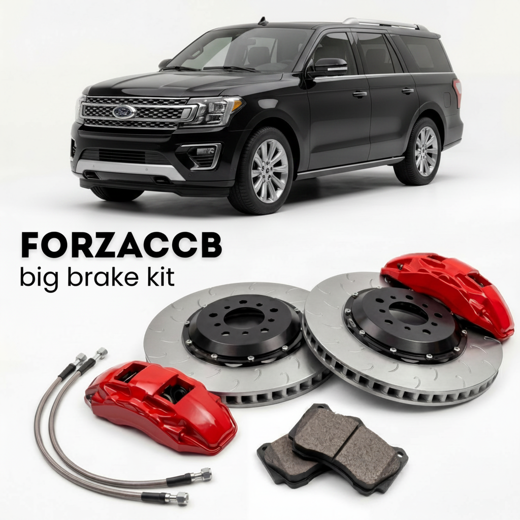 Black Ford Expedition U553, facelift 2021) (2021-2024 (IV MAX) shown above a ForzaCCB iron rotor big brake kit with 2x red 6-piston front calipers, 2x two-piece floating ventilated brake discs 380 mm, set of brake pads, and brake lines.