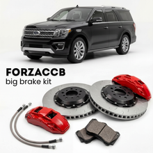 Black Ford Expedition U553, facelift 2021) (2021-2024 (IV MAX) shown above a ForzaCCB iron rotor big brake kit with 2x red 6-piston front calipers, 2x two-piece floating ventilated brake discs 380 mm, set of brake pads, and brake lines.