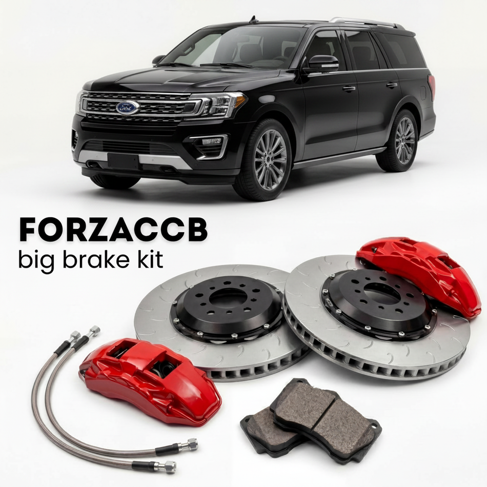Black Ford Expedition V MAX (2024+) shown above a ForzaCCB iron rotor big brake kit with 2x red 6-piston front calipers, 2x two-piece floating ventilated brake discs 380 mm, set of brake pads, and brake lines.
