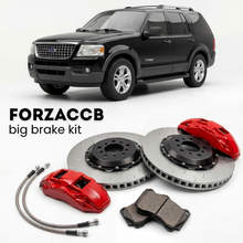 Black Ford Explorer III (2005-2005) shown above a ForzaCCB iron rotor big brake kit with 2x red 6-piston front calipers, 2x two-piece floating ventilated brake discs 380 mm, set of brake pads, and brake lines.