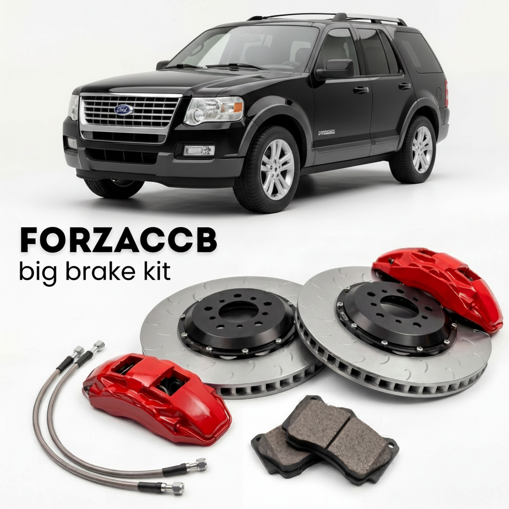 Black Ford Explorer IV (2006-2010) shown above a ForzaCCB iron rotor big brake kit with 2x red 6-piston front calipers, 2x two-piece floating ventilated brake discs 380 mm, set of brake pads, and brake lines.