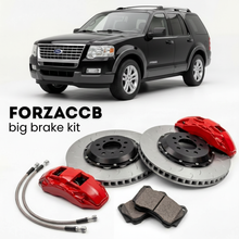 Black Ford Explorer IV (2006-2010) shown above a ForzaCCB iron rotor big brake kit with 2x red 6-piston front calipers, 2x two-piece floating ventilated brake discs 380 mm, set of brake pads, and brake lines.
