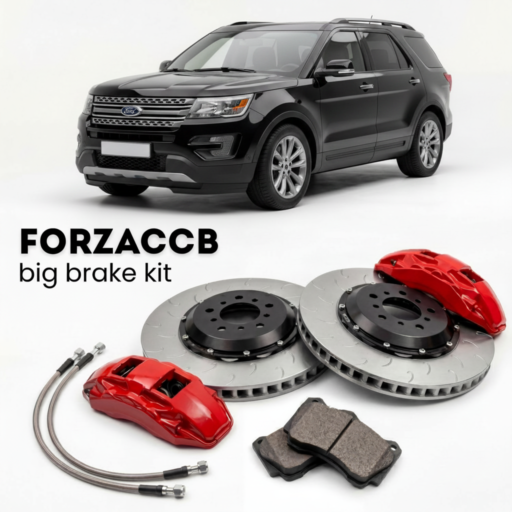 Black Ford Explorer V (2011-2016) shown above a ForzaCCB iron rotor big brake kit with 2x red 6-piston front calipers, 2x two-piece floating ventilated brake discs 380 mm, set of brake pads, and brake lines.