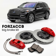 Black Ford Explorer facelift 2024) (2024+ (VI) shown above a ForzaCCB iron rotor big brake kit with 2x red 6-piston front calipers, 2x two-piece floating ventilated brake discs 380 mm, set of brake pads, and brake lines.