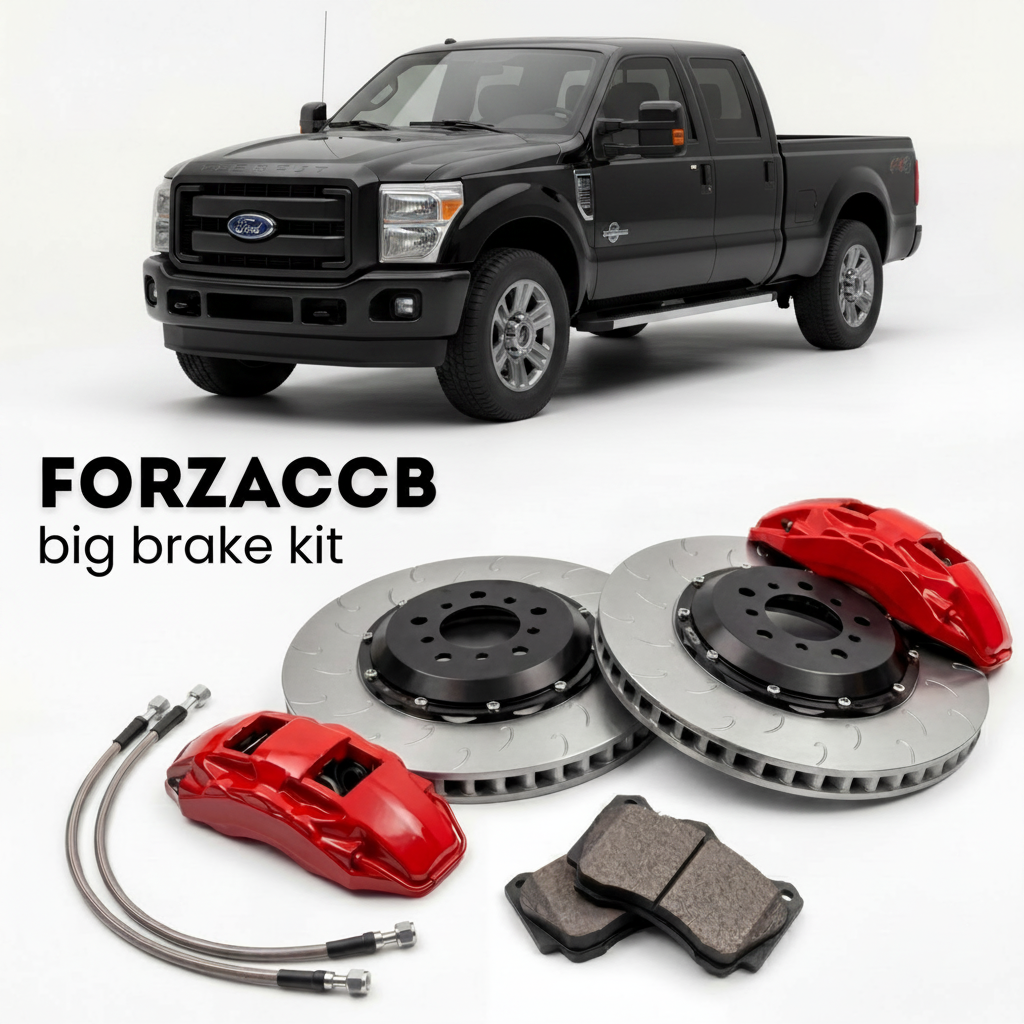 Black Ford F-250 Super Duty III Crew Cab Long box (2011-2016) shown above a ForzaCCB iron rotor big brake kit with 2x red 6-piston front calipers, 2x two-piece floating ventilated brake discs 380 mm, set of brake pads, and brake lines.