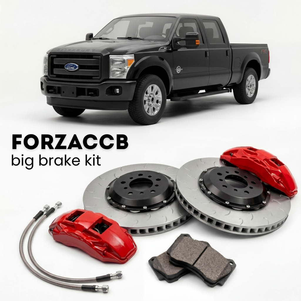 Black Ford F-250 Super Duty III Crew Cab Short box (2011-2016) shown above a ForzaCCB iron rotor big brake kit with 2x red 6-piston front calipers, 2x two-piece floating ventilated brake discs 380 mm, set of brake pads, and brake lines.