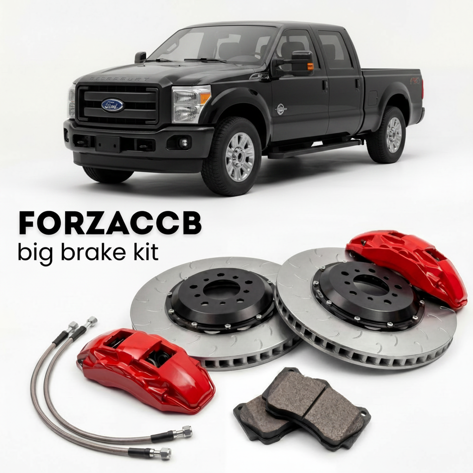 Black Ford F-250 Super Duty III Crew Cab Short box (2011-2016) shown above a ForzaCCB iron rotor big brake kit with 2x red 6-piston front calipers, 2x two-piece floating ventilated brake discs 380 mm, set of brake pads, and brake lines.