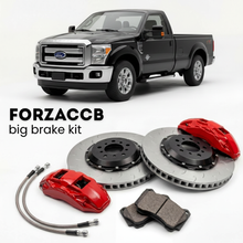 Black Ford F-250 Super Duty III Regular Cab Long box (2011-2016) shown above a ForzaCCB iron rotor big brake kit with 2x red 6-piston front calipers, 2x two-piece floating ventilated brake discs 380 mm, set of brake pads, and brake lines.