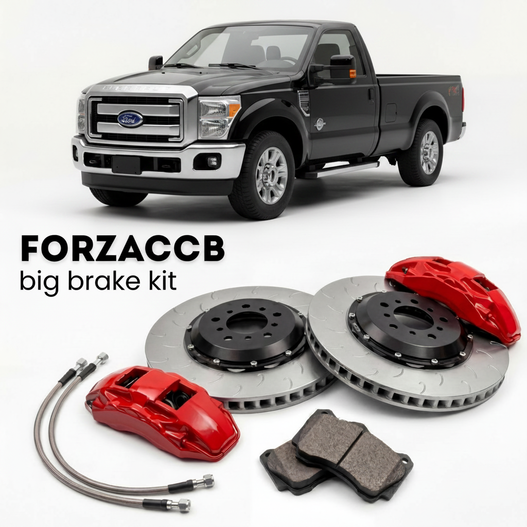 Black Ford F-250 Super Duty III Regular Cab Long box (2011-2016) shown above a ForzaCCB iron rotor big brake kit with 2x red 6-piston front calipers, 2x two-piece floating ventilated brake discs 380 mm, set of brake pads, and brake lines.