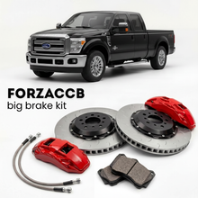 Black Ford F-250 Super Duty III Super Cab Long box (2011-2016) shown above a ForzaCCB iron rotor big brake kit with 2x red 6-piston front calipers, 2x two-piece floating ventilated brake discs 380 mm, set of brake pads, and brake lines.