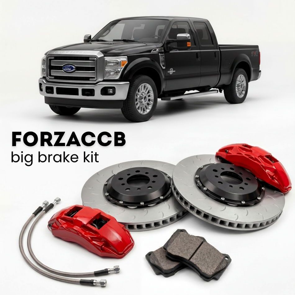 Black Ford F-250 Super Duty III Super Cab Long box (2011-2016) shown above a ForzaCCB iron rotor big brake kit with 2x red 6-piston front calipers, 2x two-piece floating ventilated brake discs 380 mm, set of brake pads, and brake lines.