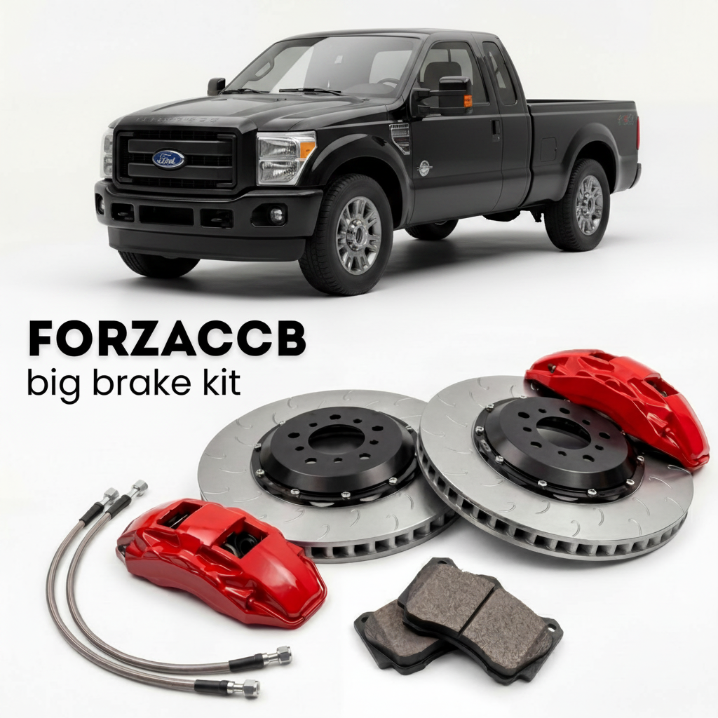 Black Ford F-250 Super Duty III Super Cab Short box (2011-2016) shown above a ForzaCCB iron rotor big brake kit with 2x red 6-piston front calipers, 2x two-piece floating ventilated brake discs 380 mm, set of brake pads, and brake lines.
