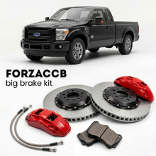 Black Ford F-250 Super Duty III Super Cab Short box (2011-2016) shown above a ForzaCCB iron rotor big brake kit with 2x red 6-piston front calipers, 2x two-piece floating ventilated brake discs 380 mm, set of brake pads, and brake lines.