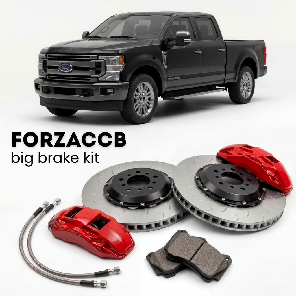 Black Ford F-250 Super Duty IV Crew Cab Long box (2017-2019) shown above a ForzaCCB iron rotor big brake kit with 2x red 6-piston front calipers, 2x two-piece floating ventilated brake discs 380 mm, set of brake pads, and brake lines.