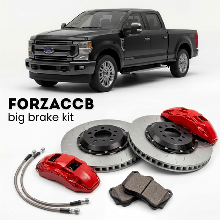 Black Ford F-250 Super Duty IV Crew Cab Long box (2017-2019) shown above a ForzaCCB iron rotor big brake kit with 2x red 6-piston front calipers, 2x two-piece floating ventilated brake discs 380 mm, set of brake pads, and brake lines.