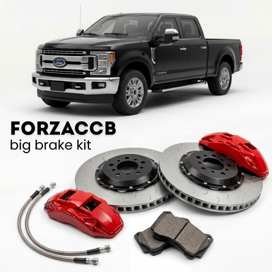 Black Ford F-250 Super Duty IV Crew Cab Short box (2017-2019) shown above a ForzaCCB iron rotor big brake kit with 2x red 6-piston front calipers, 2x two-piece floating ventilated brake discs 380 mm, set of brake pads, and brake lines.