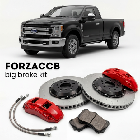 Black Ford F-250 Super Duty facelift 2020) Regular Cab Long box (2020-2022 (IV) shown above a ForzaCCB iron rotor big brake kit with 2x red 6-piston front calipers, 2x two-piece floating ventilated brake discs 380 mm, set of brake pads, and brake lines.