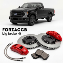 Black Ford F-250 Super Duty IV Regular Cab Long box (2017-2019) shown above a ForzaCCB iron rotor big brake kit with 2x red 6-piston front calipers, 2x two-piece floating ventilated brake discs 380 mm, set of brake pads, and brake lines.