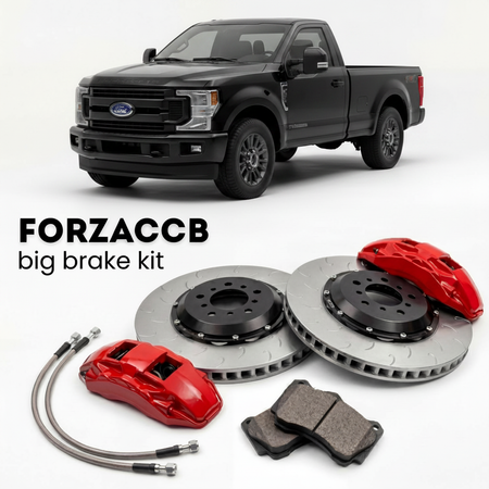Black Ford F-250 Super Duty IV Regular Cab Long box (2017-2019) shown above a ForzaCCB iron rotor big brake kit with 2x red 6-piston front calipers, 2x two-piece floating ventilated brake discs 380 mm, set of brake pads, and brake lines.